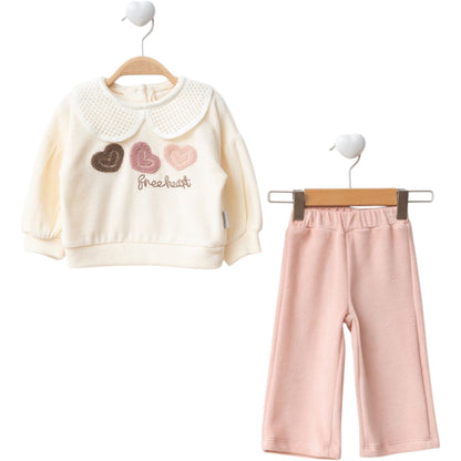 2-teiliges Baby Mädchen Set mit Herzmotiv & Kragen – Creme & Rosa