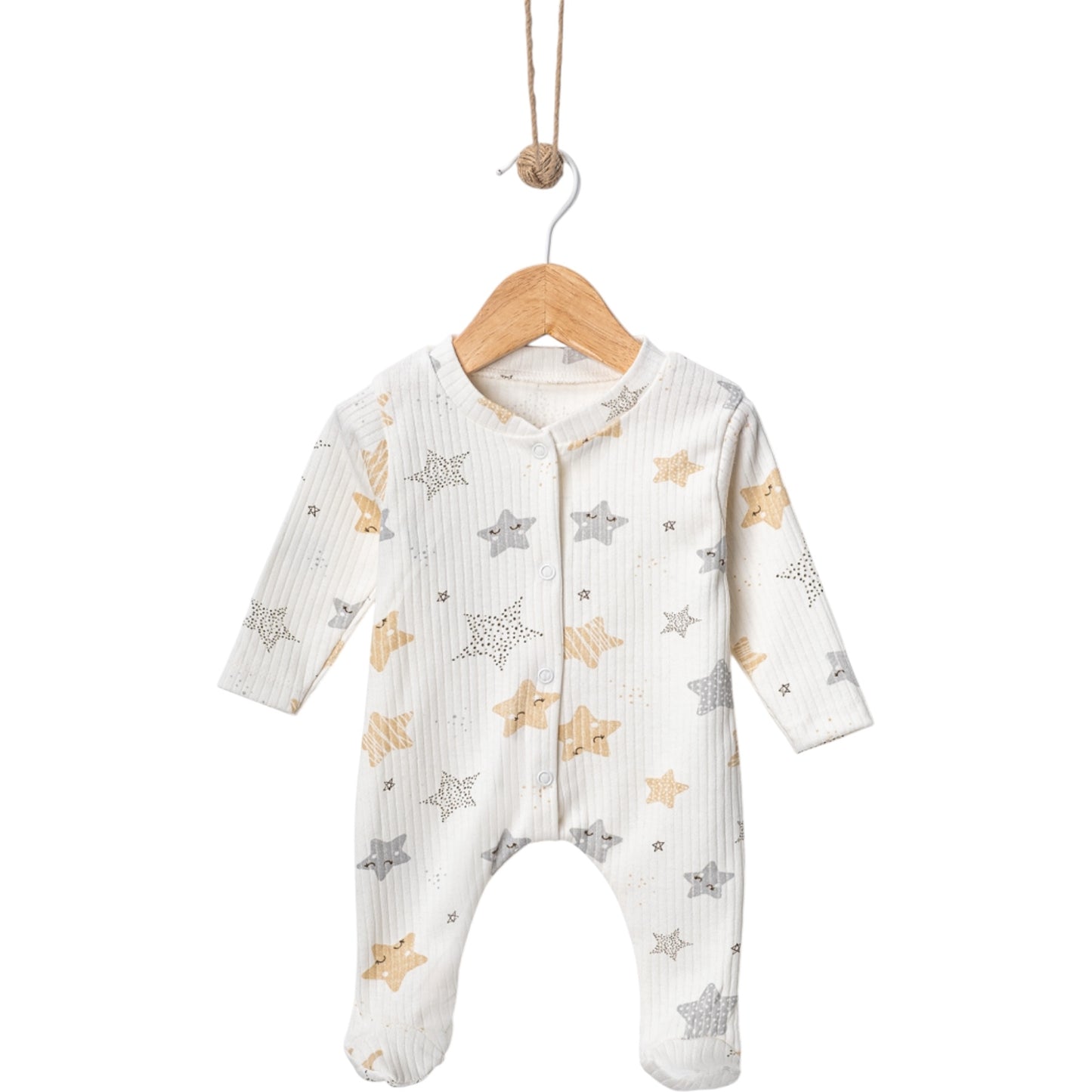 Baby Strampler mit Sternen – Langarm, Baumwolle, Fußteil, cremefarben