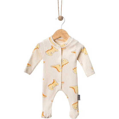 Baby Strampler mit Dinosaurier-Motiv – Cremefarben, Langarm, Baumwolle, mit Fußteil