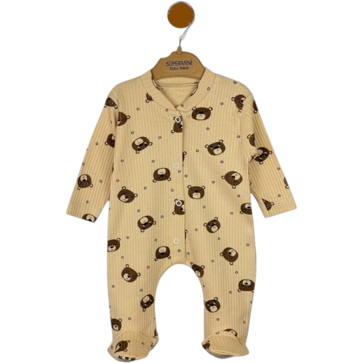Baby Strampler mit Bärenmuster – Langarm, Beige, weiche Baumwolle, Fußteil