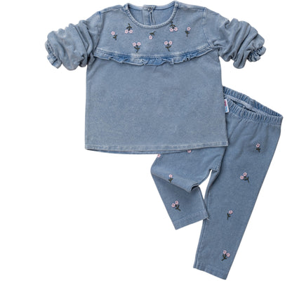 Zweiteiliges Baby-Mädchen Outfit aus Jeanslook-Stoff – mit süßer Blumenstickerei