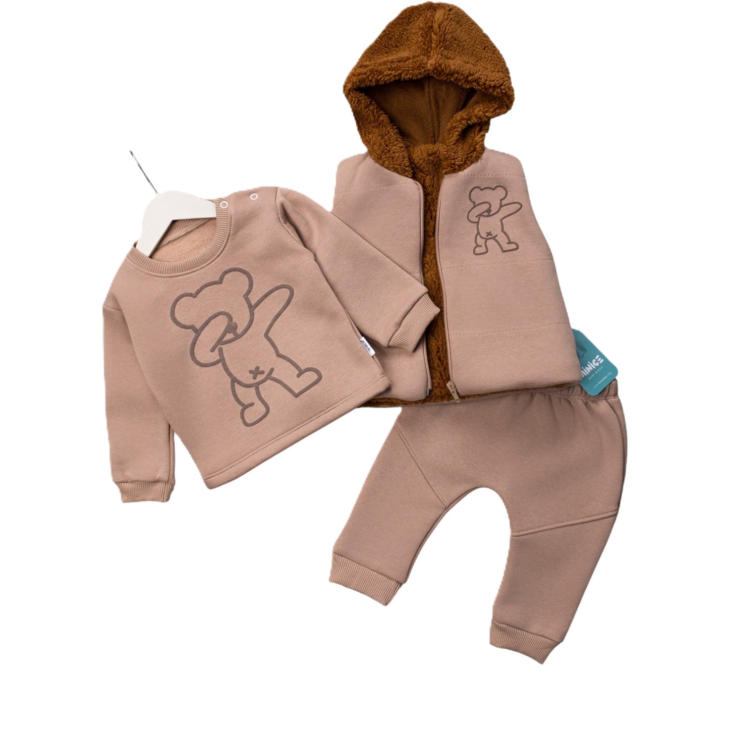 Baby Outfit 3-teilig – Sweat-Set mit Weste & „Dabbing Bear“-Motiv in Braun