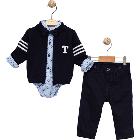 3-teiliges Baby Jungen Outfit – Strickweste, Bodyhemd & Hose – 100% Baumwolle