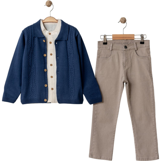3-teiliges Jungen Outfit-Set – Strickjacke, Hemd & Hose
