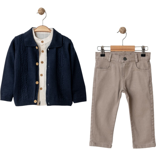 Dreiteiliges Jungen-Outfit mit Hose, Hemd & Strickweste