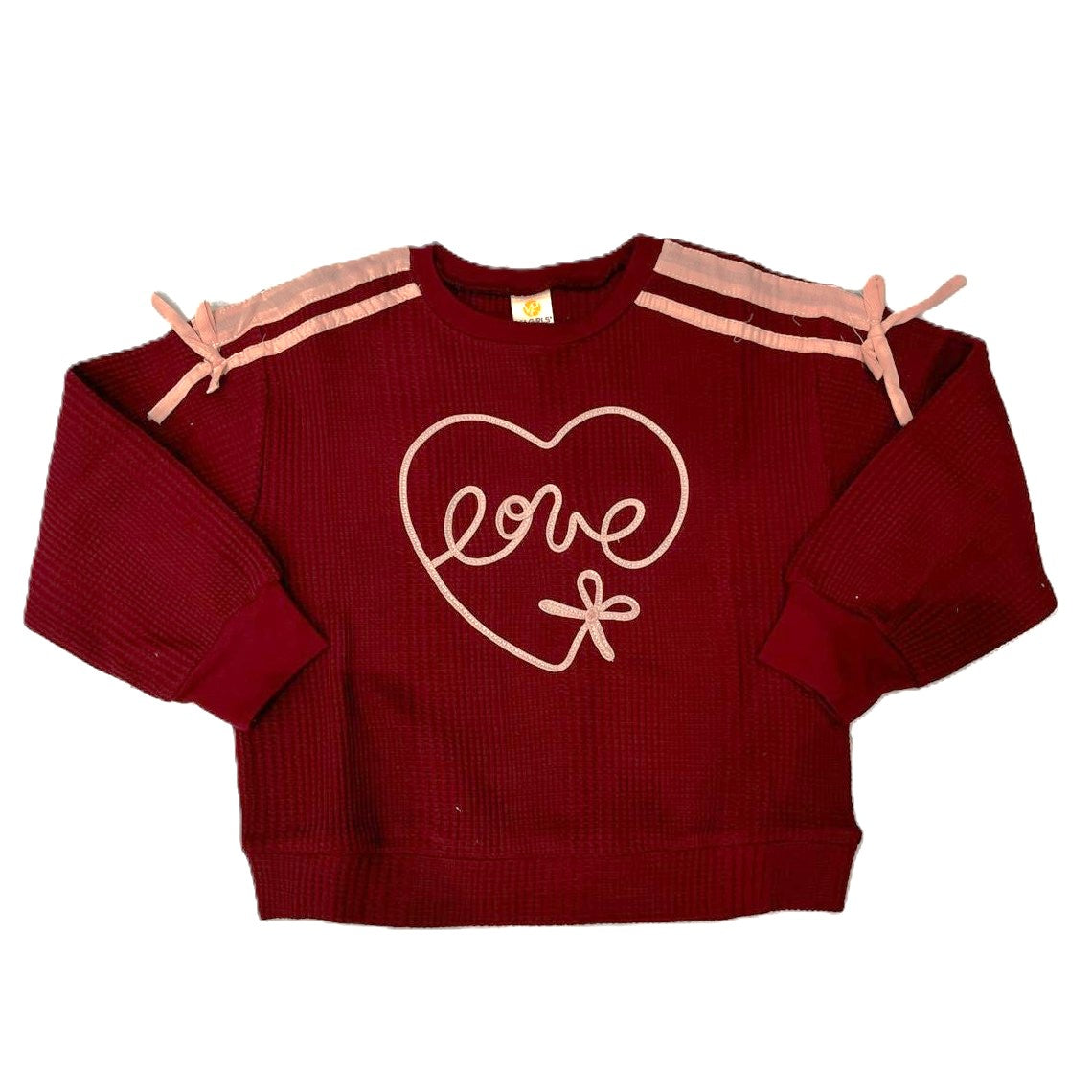 Mädchen Oberteil in Bordeaux-Lila mit „Love“-Print & Schleifendetails – kuschelig & stylisch