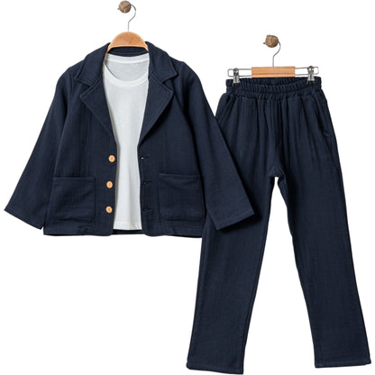 Dreiteiliges Jungen-Set mit Sakko, Sweatshirt & Hose – in zwei Farben erhältlich