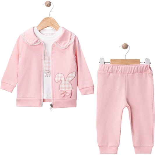 Babymädchen 3-teiliges Outfit – Langarmshirt, Hose & rosa Jacke