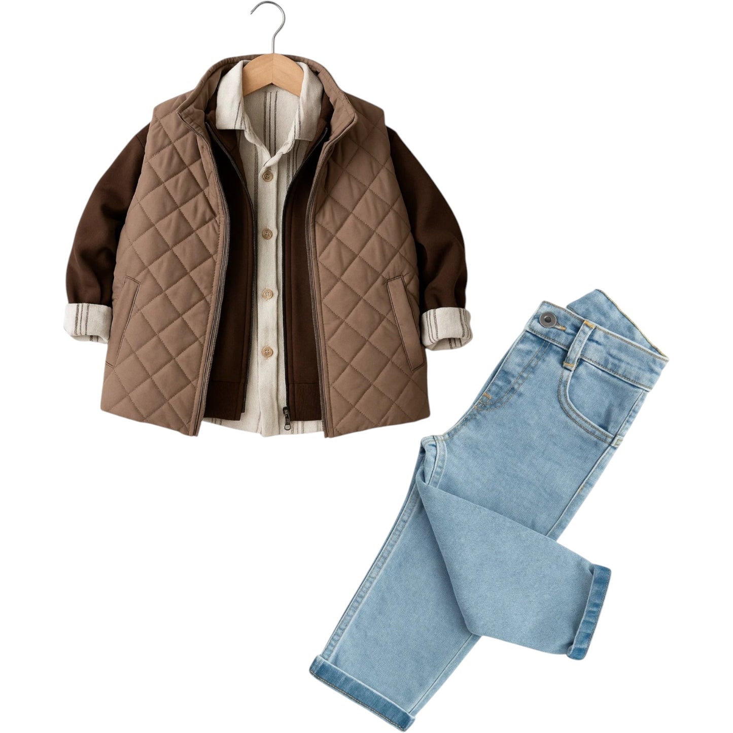 4-teiliges Jungen Outfit – Hemd, Strickjacke, Steppweste & Jeans