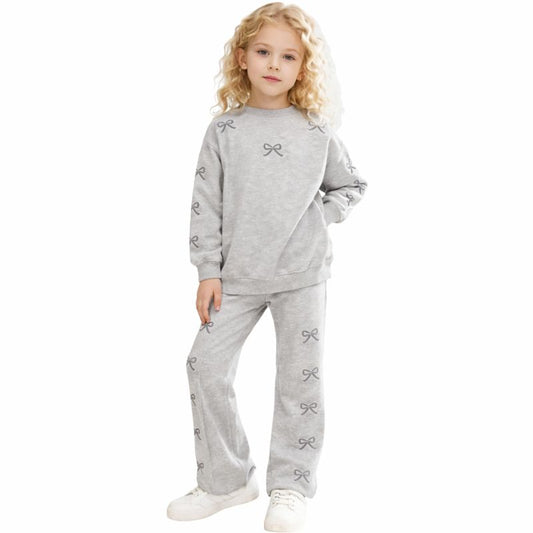 Mädchen Zweiteiler – Grauer Anzug mit gestickten Schleifen