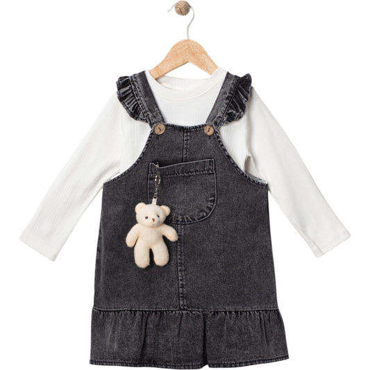 Mädchen Set – Latzrock mit Teddy & Langarmshirt 👧🖤🤍