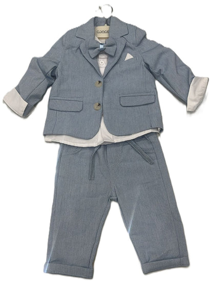 Vierteiliges Baby-Jungen-Anzugset in Hellblau mit Hemd, Sakko, Hose & Fliege