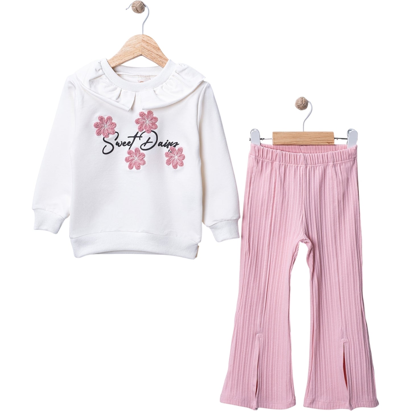 Zweiteiliges Mädchen-Outfit mit Rüschenpullover & Ripp-Schlaghose – in Rosa & Weiß