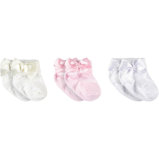 Baby-Söckchen 0–3 Monate – 3er Pack in Creme, Rosa & Weiß mit Schleife