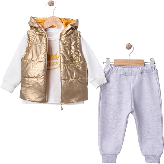 Babymädchen 3-teiliges Outfit – Shirt, Hose & goldene Weste