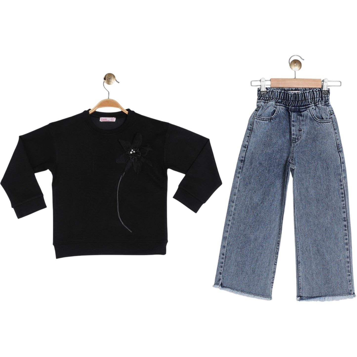 2-teiliges Mädchen Outfit – Schwarzes Oberteil & Jeans