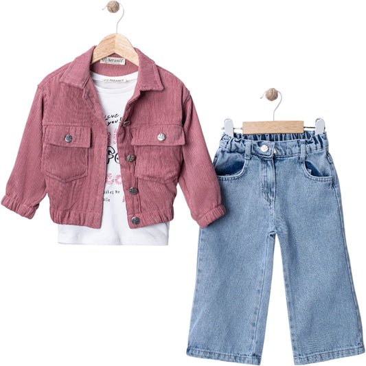 Dreiteiliges Outfit-Set für Mädchen – Jeans, Cordjacke & Oberteil 💖👧