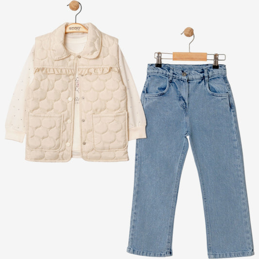 3-teiliges Mädchen Outfit – Weste, Oberteil & Jeanshose