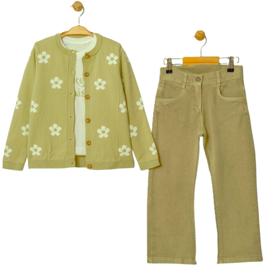 3-teiliges Mädchen Outfit – Strickjacke, T-Shirt & Hose in Pistaziengrün – 100% Baumwolle