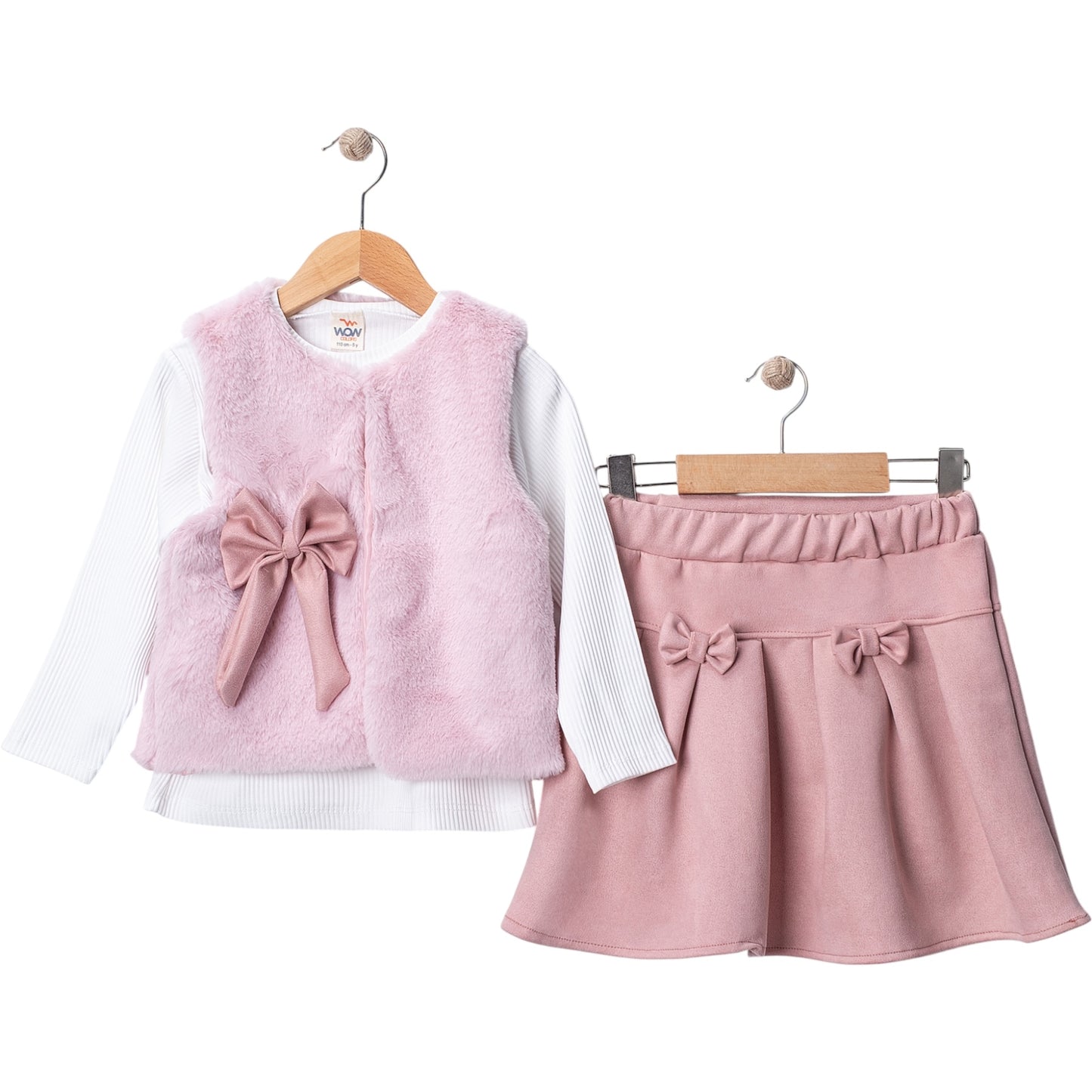 Dreiteiliges Mädchen-Outfit mit Weste, Oberteil & Rock – in zartem Rosa