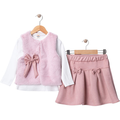 Dreiteiliges Mädchen-Outfit mit Weste, Oberteil & Rock – in zartem Rosa