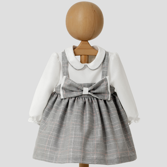 Elegantes Babykleid mit Kragen & großer Schleife – Grau/Weiß
