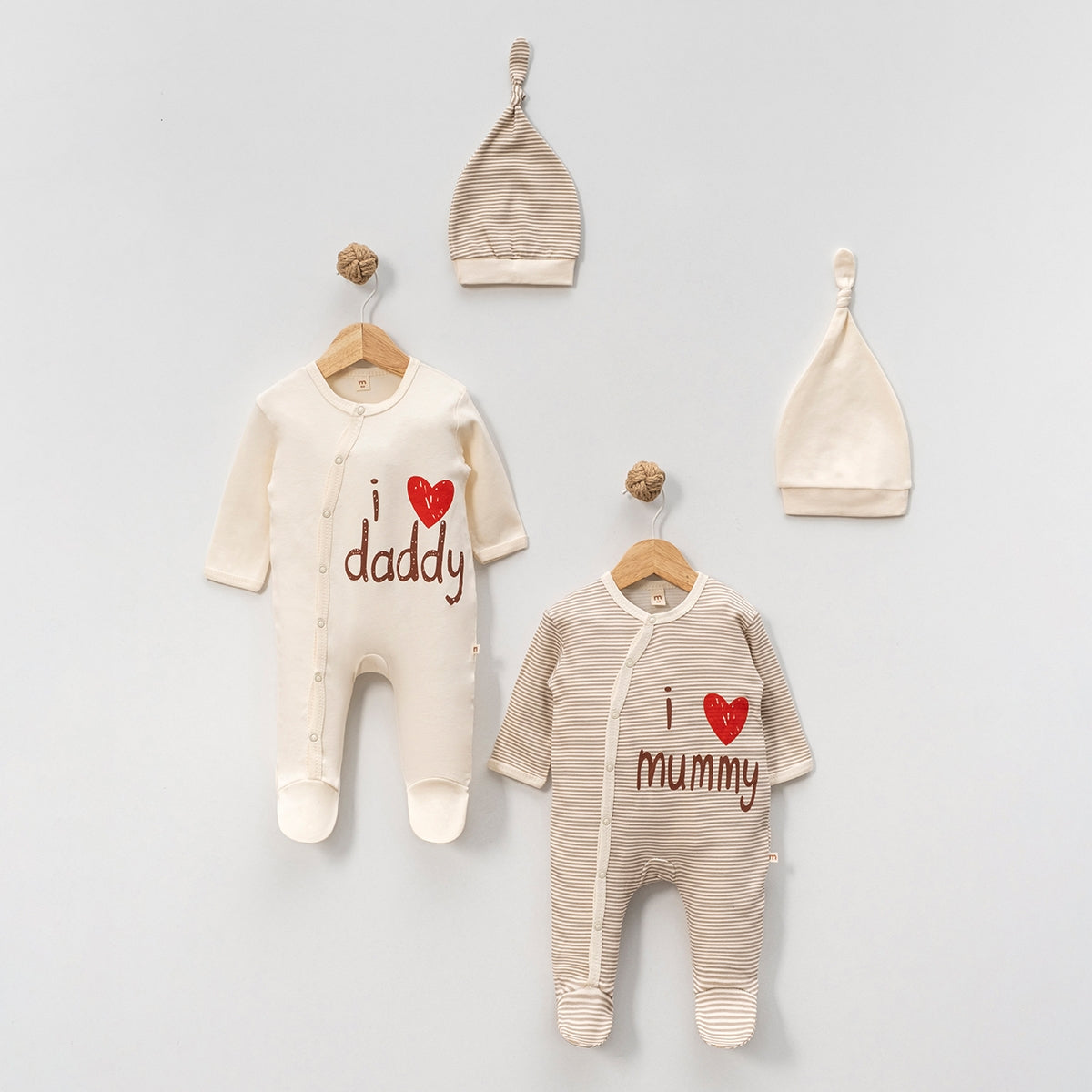 Unisex Baby Strampler-Set mit Mützen | 2 Strampler + 2 Mützen