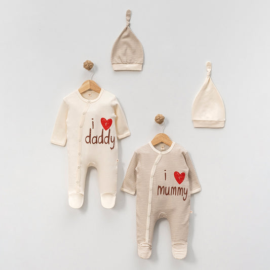 Unisex Baby Strampler-Set mit Mützen | 2 Strampler + 2 Mützen