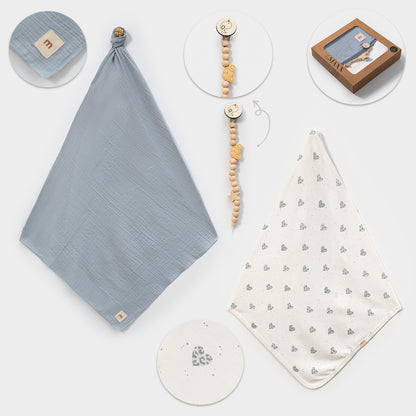 Baby Decken Set mit Schnullerkette 🍼 | 3-teilig | 2 Farben erhältlich