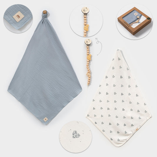 Baby Decken Set mit Schnullerkette 🍼 | 3-teilig | 2 Farben erhältlich