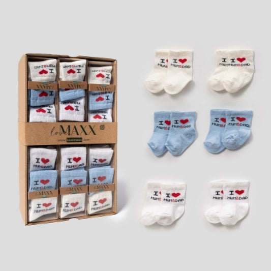 Baby-Socken Set 6-teilig – Blau/Beige/Weiß mit „I ❤️ Mum & Dad“ Design