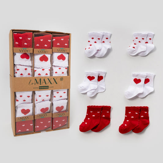Baby-Socken Set 6-teilig – Rot/Weiß mit Herzchen-Motiv
