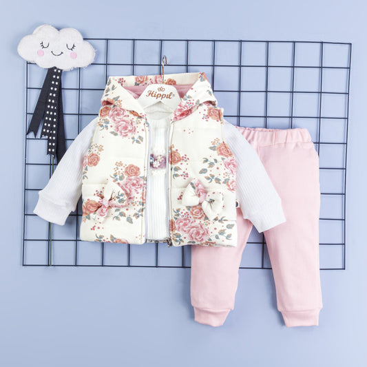 Baby Outfit 3-teilig – Weste mit Blumenmuster, Pullover & Hose Rosa