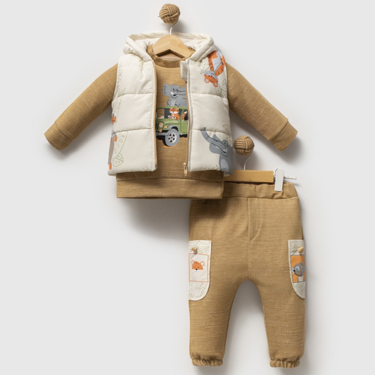 Baby Outfit 3-teilig – Weste mit Tiermotiven, Pullover & Hose Braun/Beige