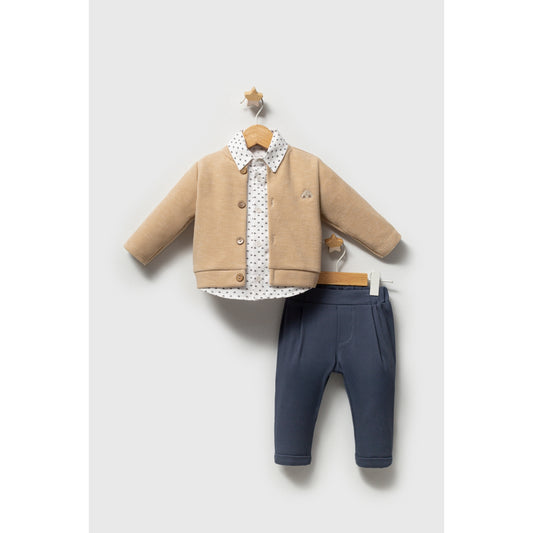 Baby Outfit 3-teilig – Jacke, Hemd & Hose Beige/Blau