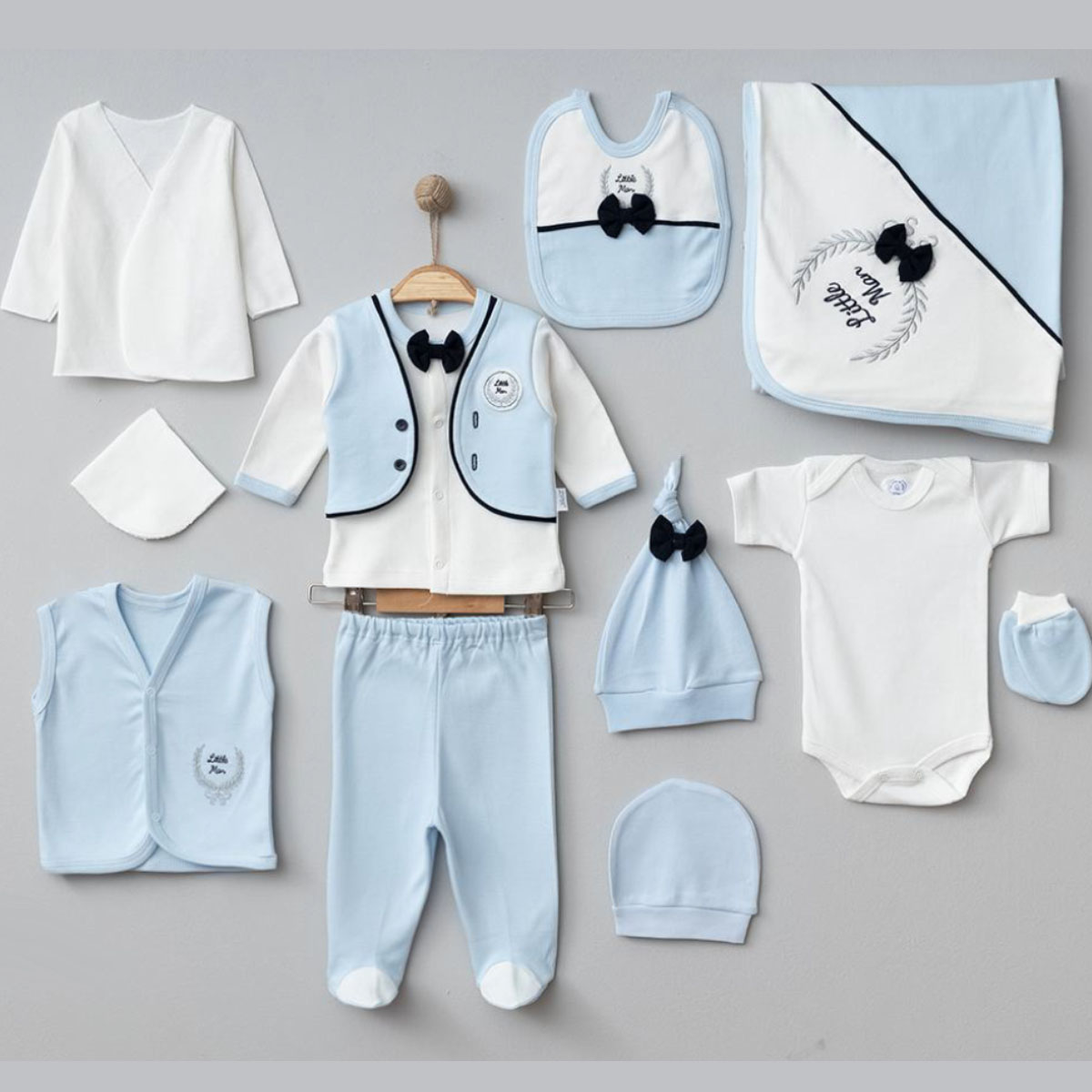 Baby-Erstlingsset 10-teilig – Blau/Weiß mit Schleifen-Details