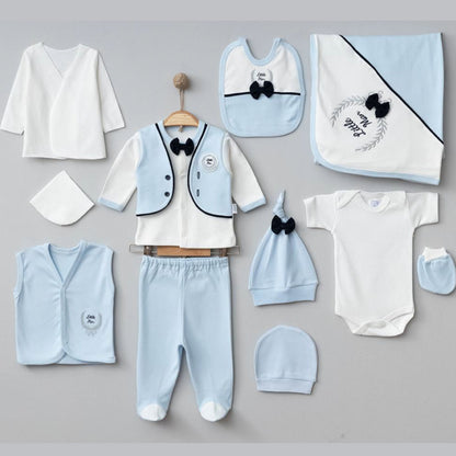 Baby-Erstlingsset 10-teilig – Blau/Weiß mit Schleifen-Details