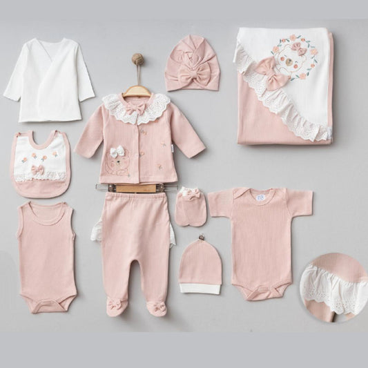 Baby-Erstlingsset 10-teilig – Puderrosa/Weiß mit Spitze, Gr. 50/56