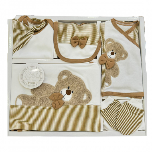Baby-Erstlingsset 10-teilig – Braun/Weiß mit Bärchen-Motiv Gr. 50 / 56