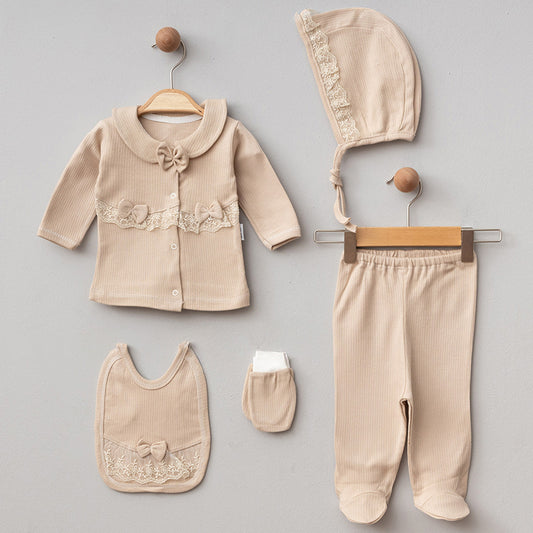 Baby Mädchen Erstlingsset 5-teilig 🎀 | Mit Häubchen & Lätzchen