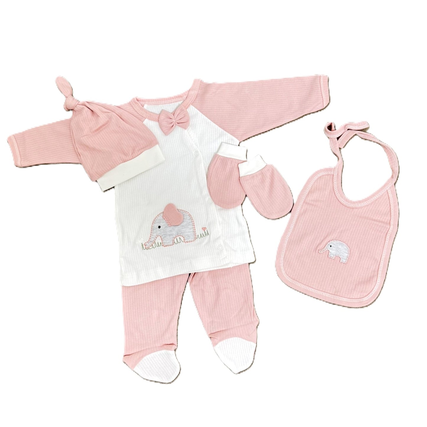Süßes 5-teiliges Erstlingsset für Baby-Mädchen | Rosa Elefanten-Design