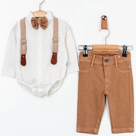 Baby Jungen 3-teiliges Outfit – Bodyhemd mit Fliege, Hosenträger & Hose