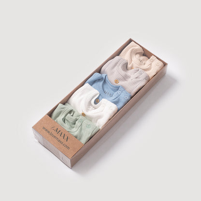 5er Pack Baby Body Langarm Unisex | Mit Holzknöpfen | Verschiedene Farben