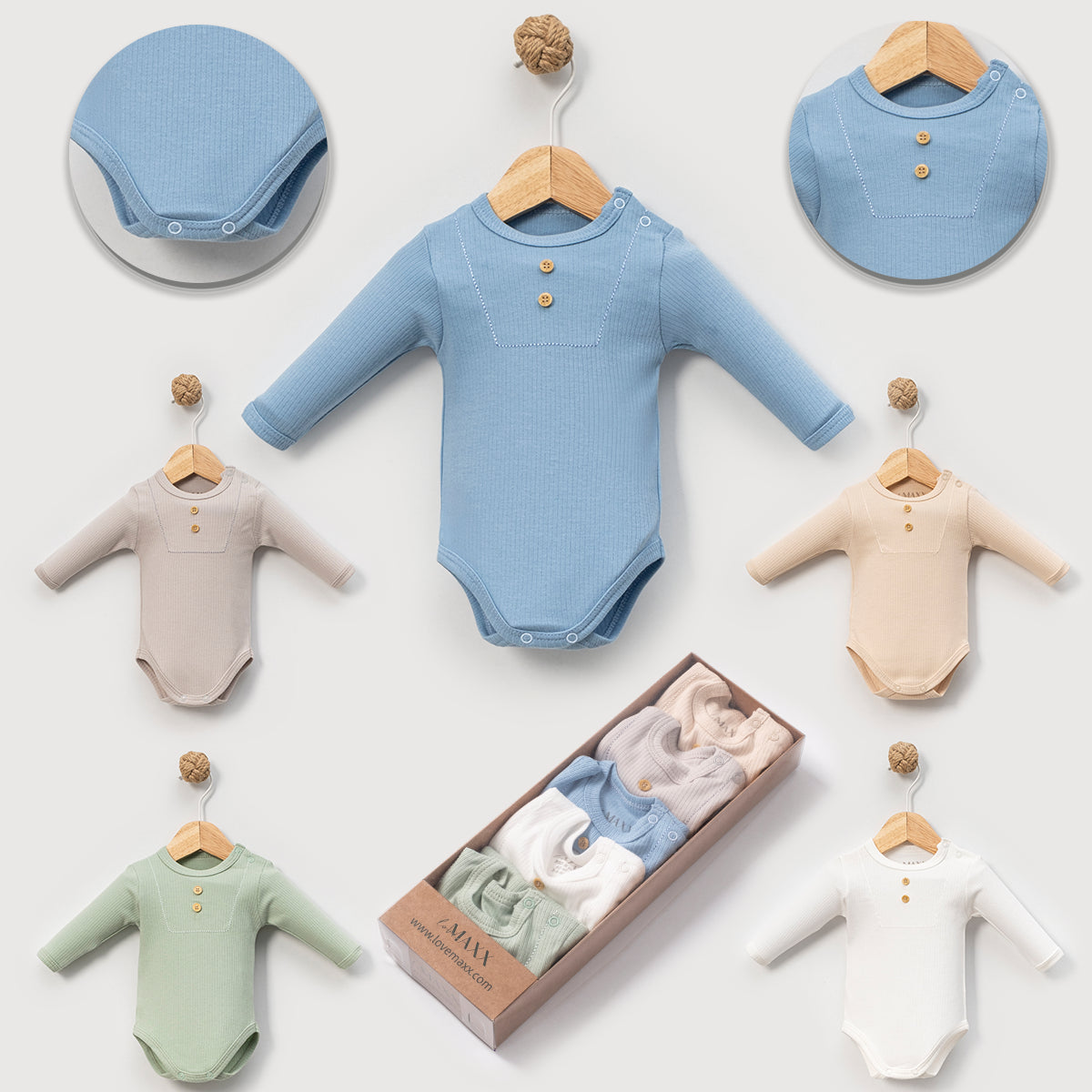 5er Pack Baby Body Langarm Unisex | Mit Holzknöpfen | Verschiedene Farben