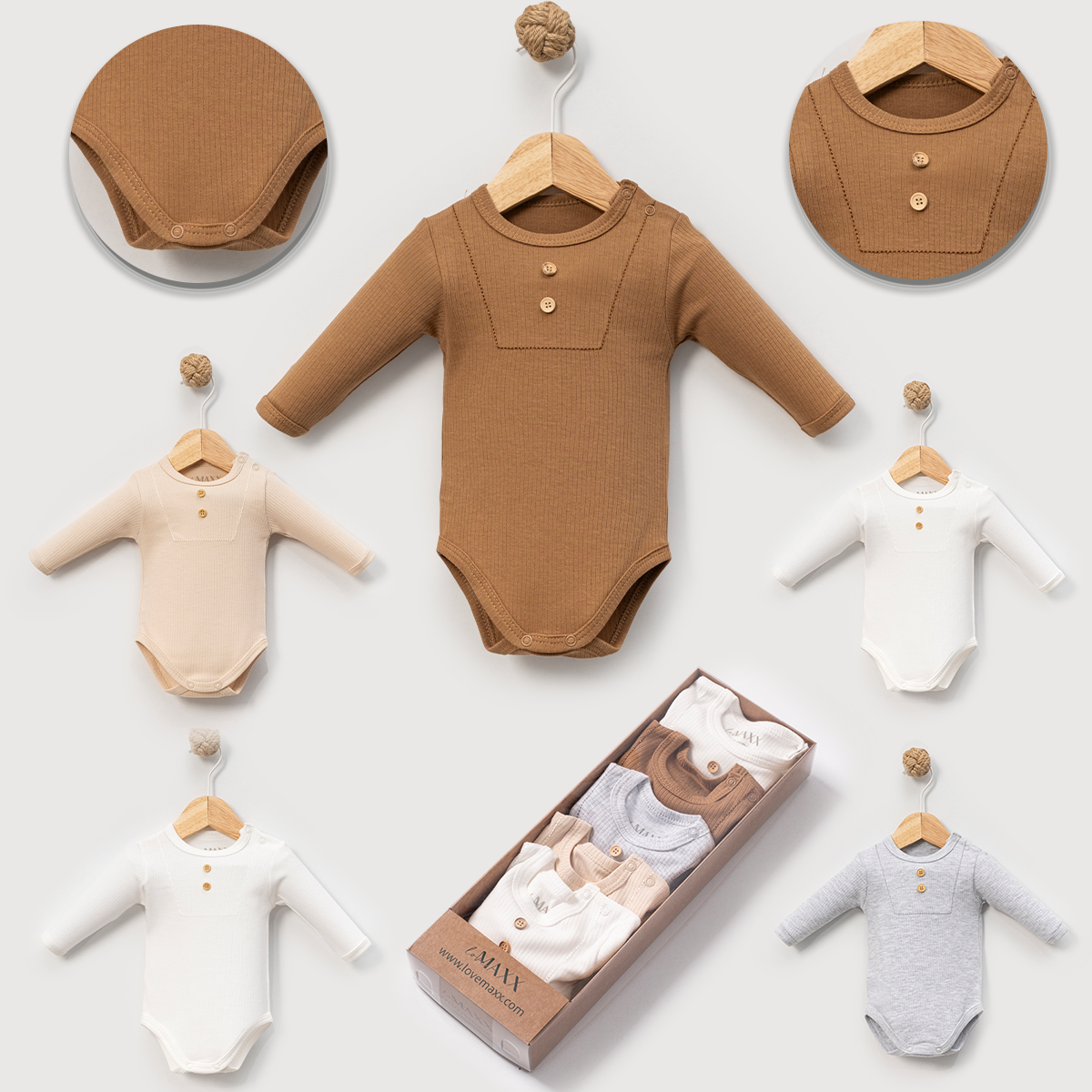 Unisex Baby Body 5er Pack | Langarm Bodys mit Knöpfen | Neutralfarben