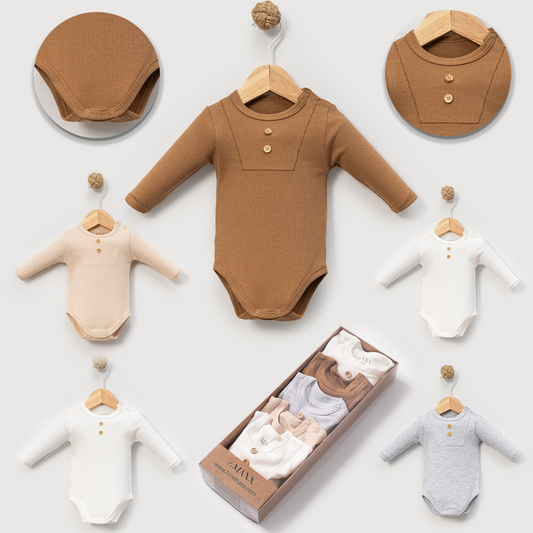 Unisex Baby Body 5er Pack | Langarm Bodys mit Knöpfen | Neutralfarben