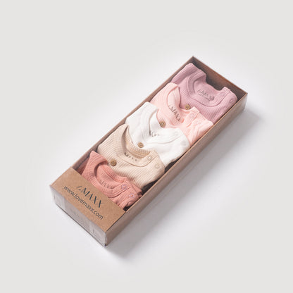 5er Pack Baby Body Langarm für Mädchen | Mit Holzknöpfen | Verschiedene Farben