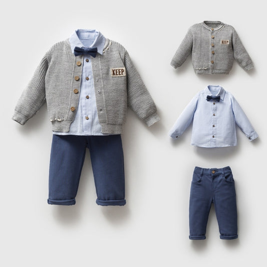 Jungen Outfit 3-teilig | Hemd mit Fliege, Strickjacke & Hose | Elegantes Set