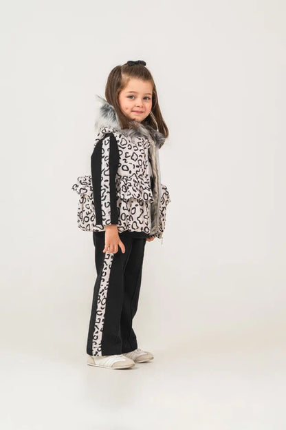 Stylisches Mädchen Komplett-Outfit mit Weste | Hose & Oberteil | Leopard Design