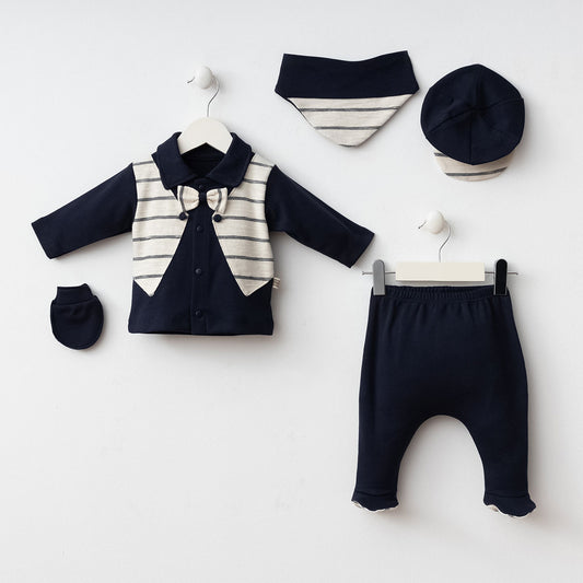 Elegantes Baby Jungen Set 5-teilig | Hose, Oberteil, Mütze, Halstuch & Handschuhe